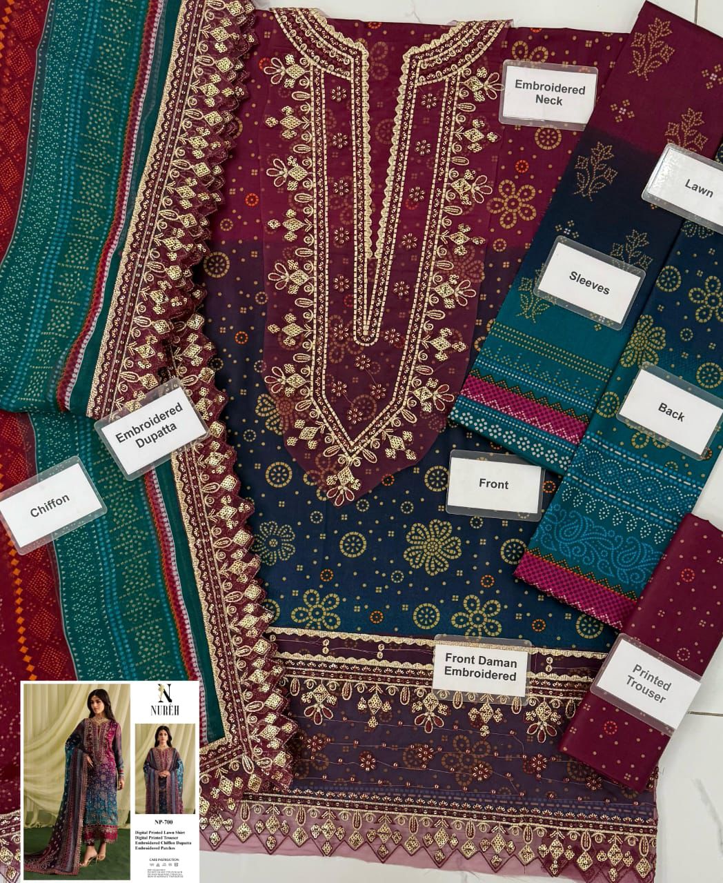 Digital Printed Embroidery Patches Multi Color 3 Piece Dress