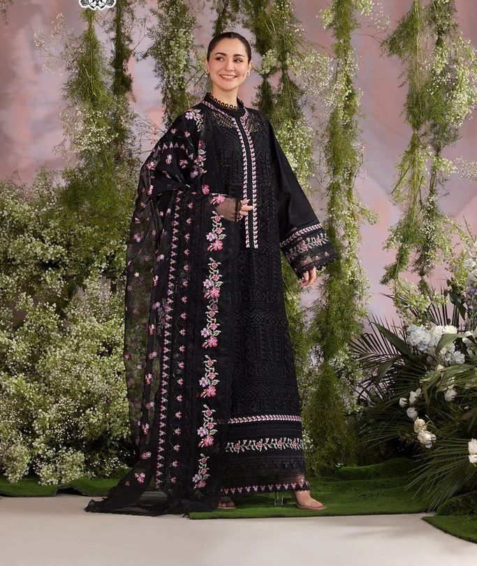 Luxury Black Hania Amir Chicken Kari Eid Dress with EMB Patches 3PC Dress