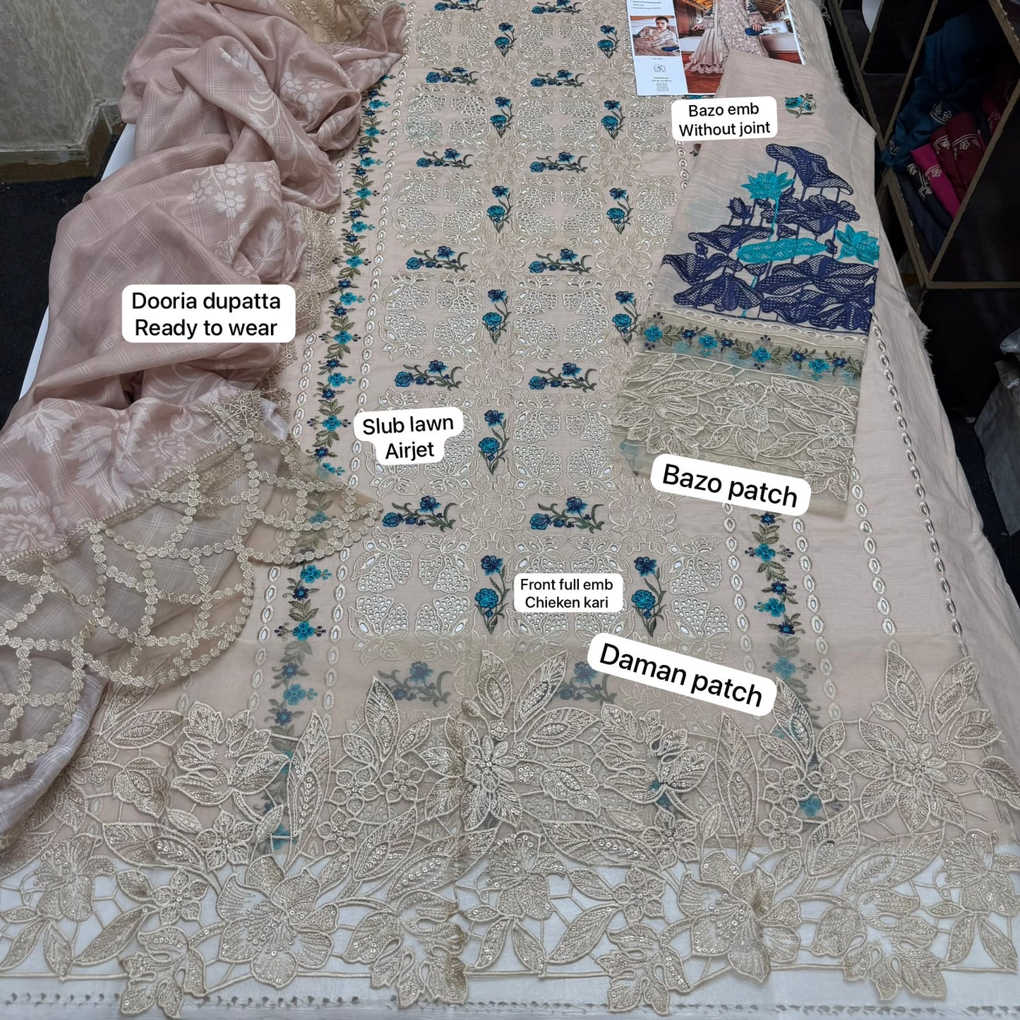 Luxury Embroidered Lawn with Heavy Patches & Ready-made Dupatta 3PC - Maria.B