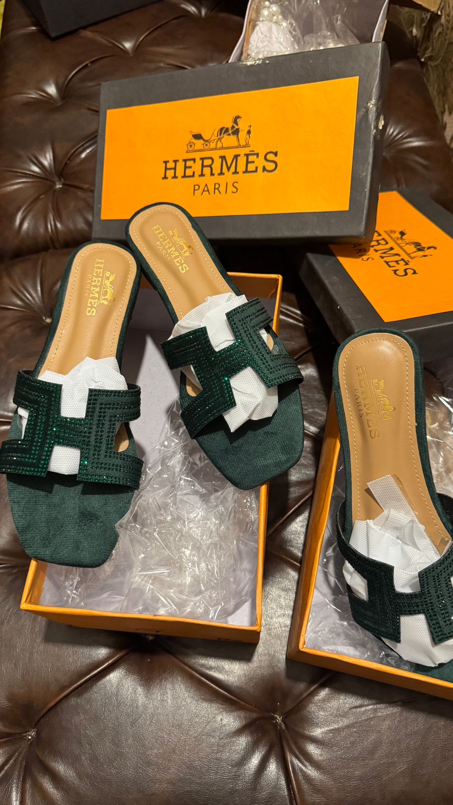 Hermes Diamonds Flat Sandals with Box