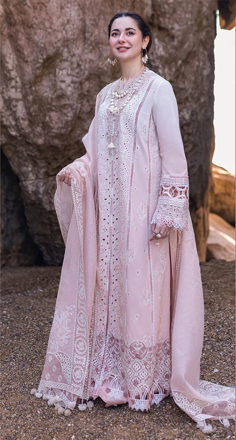 Hania Amir Luxury Lawn Chicken Kari with Heavy EMB & Tassels and 4 Sided Dupatta