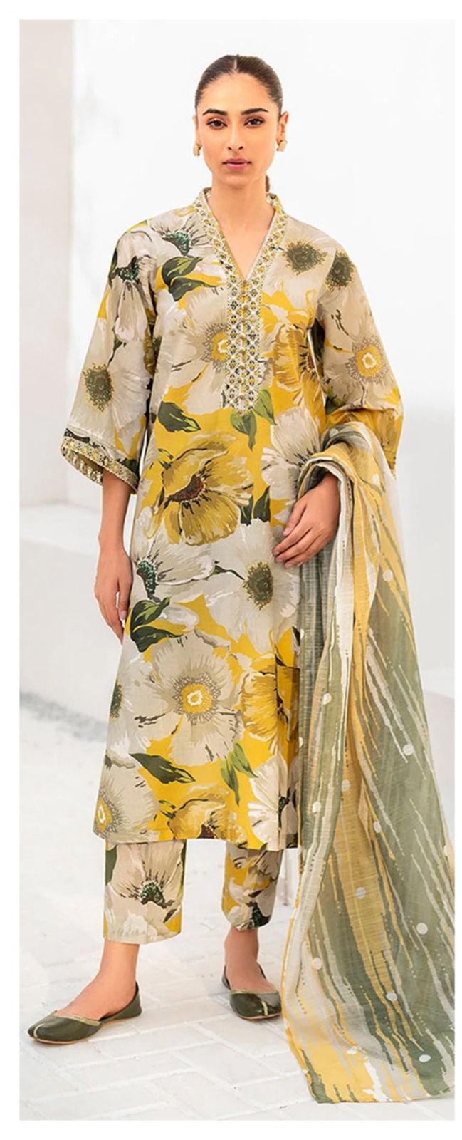 Luxury Yellow Flora Embroidered & Digital Printed Lawn Dress 3PC