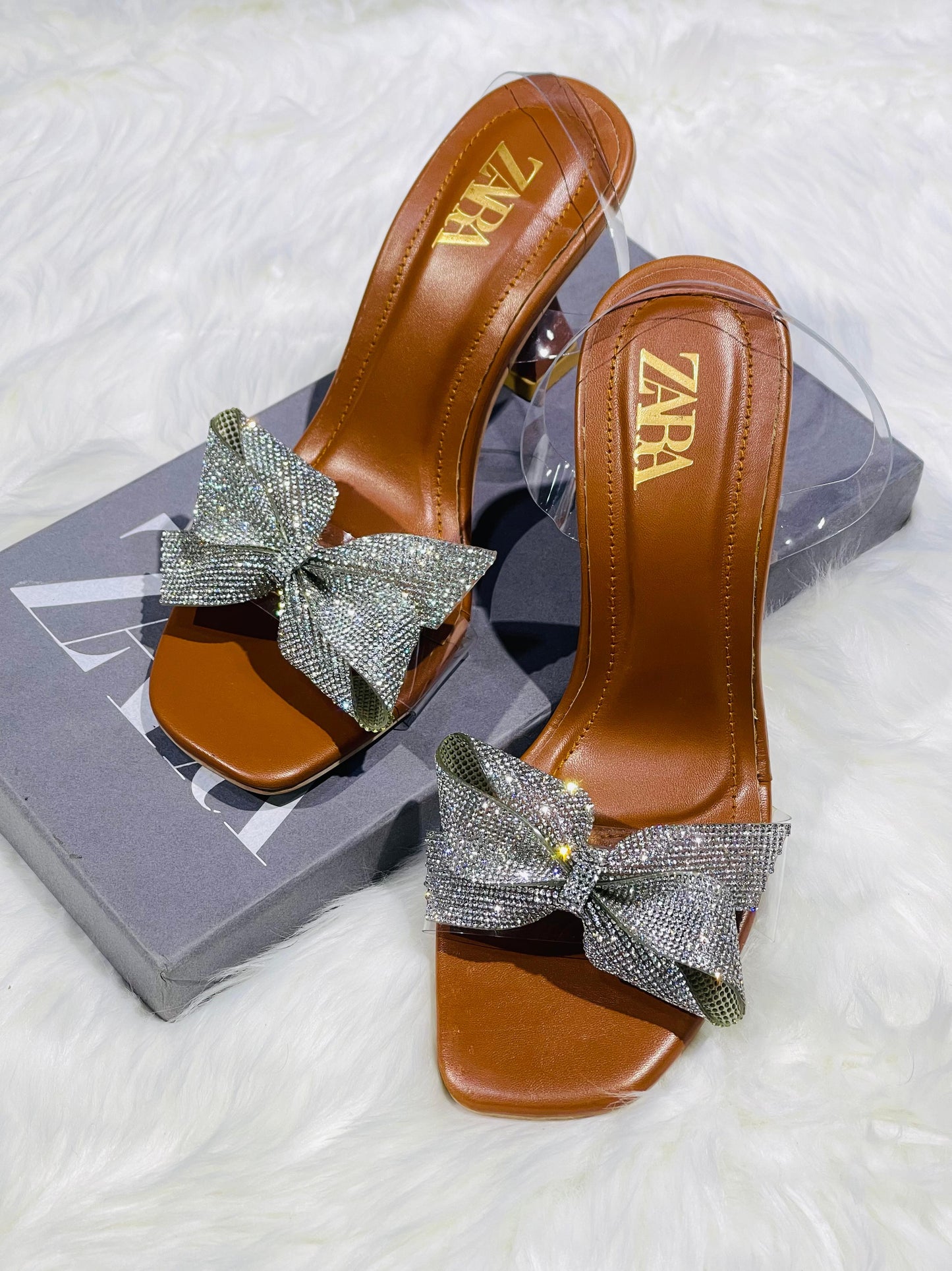 Imported Zara Tie Bow Transparent Heels with Box