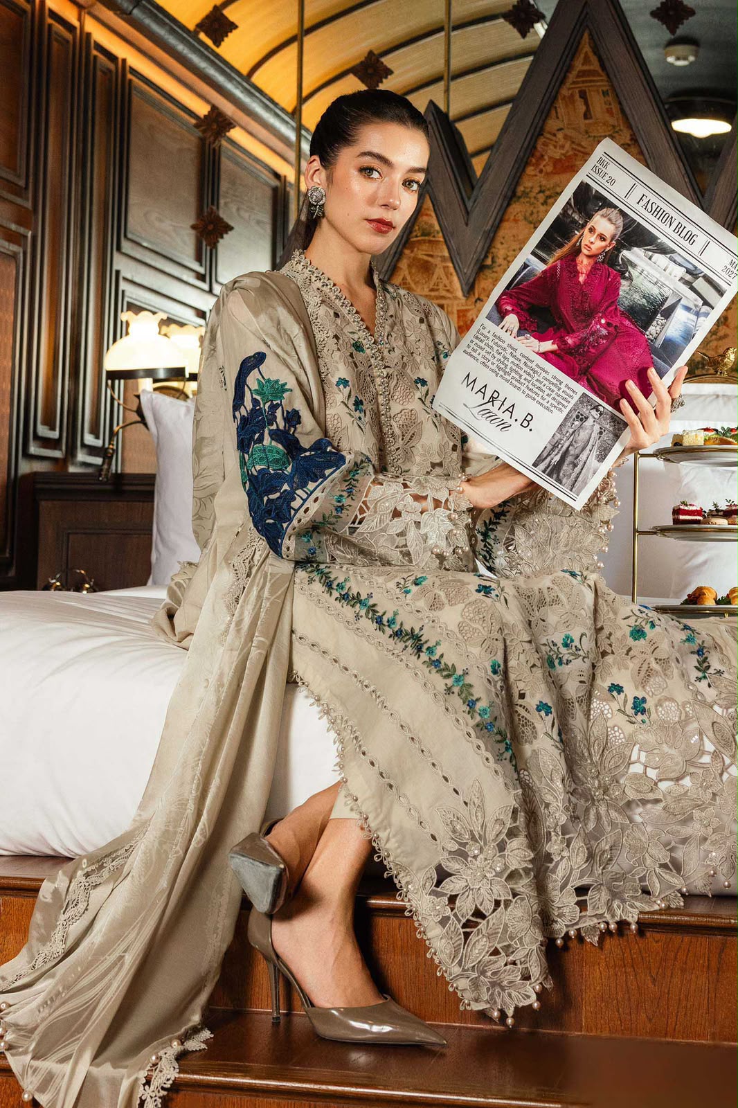 Luxury Embroidered Lawn with Heavy Patches & Ready-made Dupatta 3PC - Maria.B
