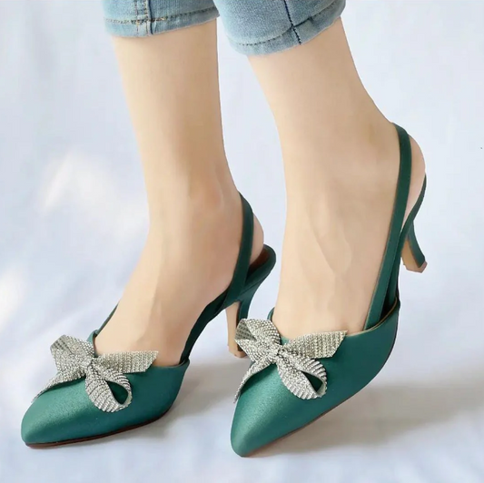 JIMMY CHOO GREEN SATIN SLINGBACK HEELS WITH CRYSTAL BOW