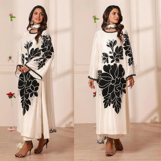 Luxury Embroidered Silk Formal Middle Eastern 3 Piece Dress