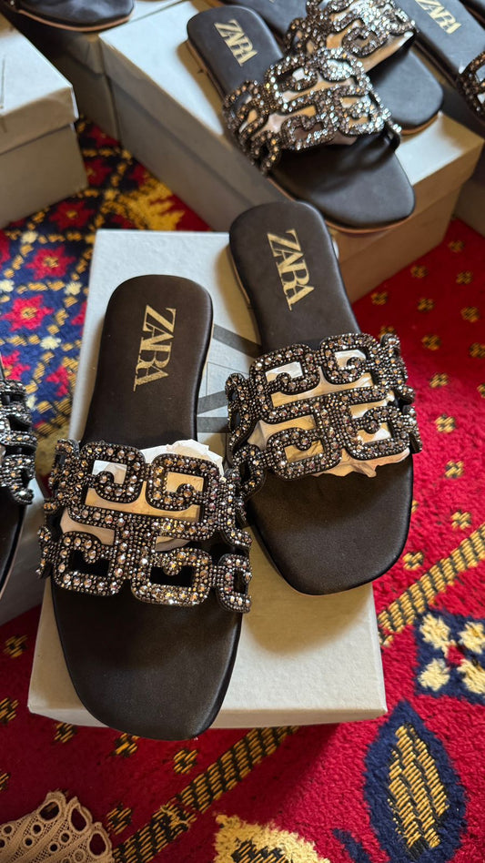 Zara Crystal Embellished Flat Slides with Box