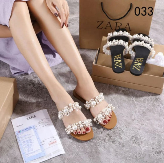 Zara Flat Vinyl Pearl Bead Sandals with Box